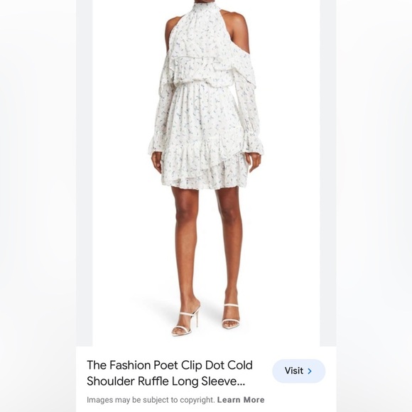 The Fashion Poet‎ Clip Dot Cold Shoulder Ruffle Long Sleeve Dress white size 8 - Picture 1 of 13